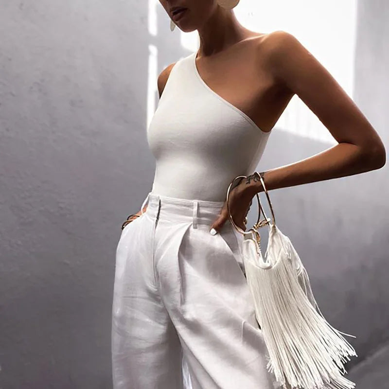 ONE SHOULDER ELASTIC FITNESS TANK TOP
