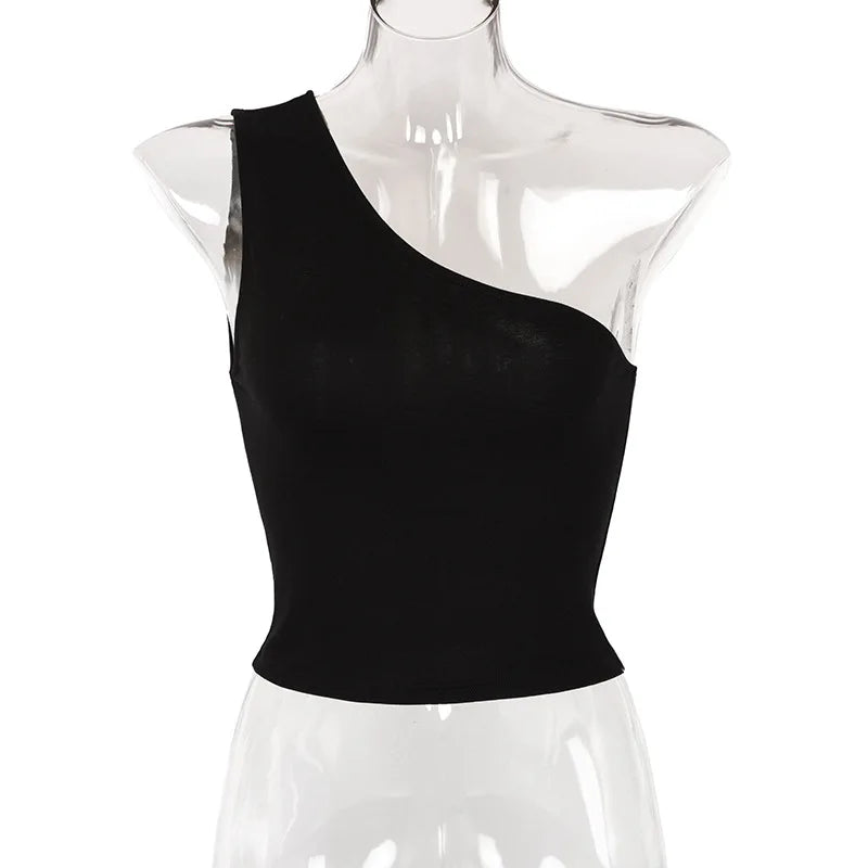 ONE SHOULDER ELASTIC FITNESS TANK TOP