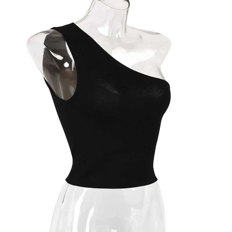 ONE SHOULDER ELASTIC FITNESS TANK TOP