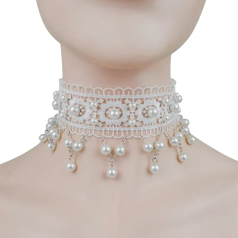 White Necklace Pearl Lace Women Fashion Necklace Earrings lolita Accessories