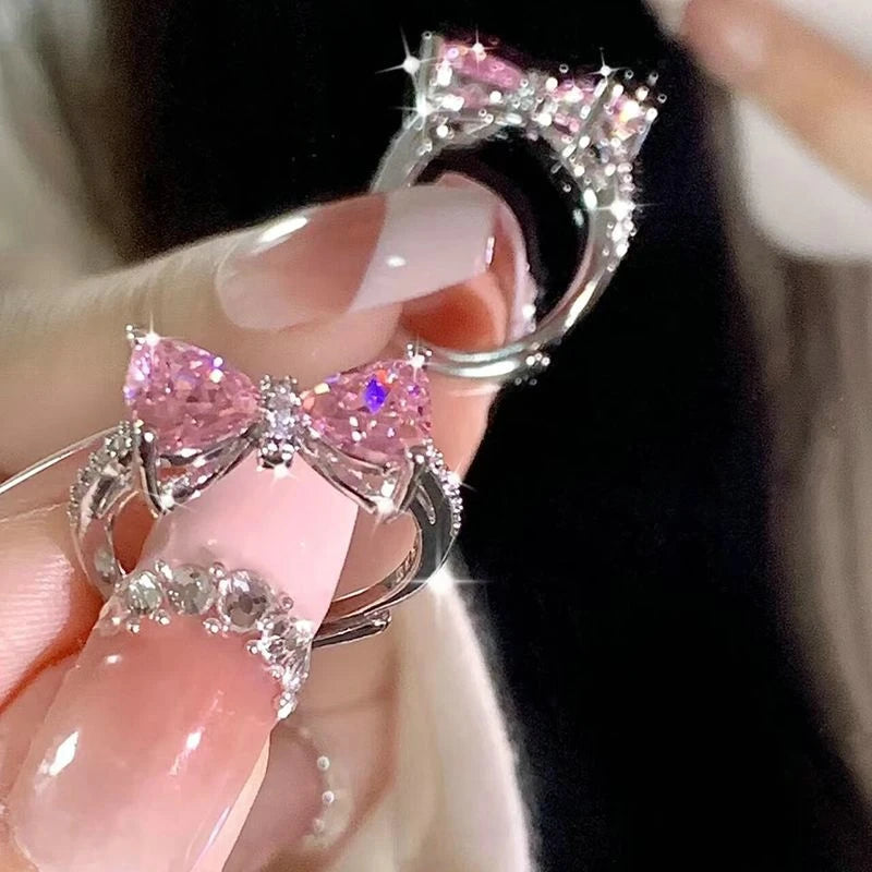 Fashion Romantic Sweet Zircon Crystal Bow Knot Rings Y2K Girls Women Delicate Lovely Blue Pink Heart Ring Party Dating Jewelry