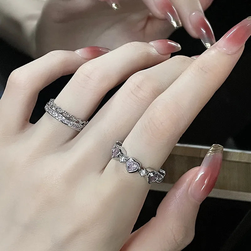 Fashion Romantic Sweet Zircon Crystal Bow Knot Rings Y2K Girls Women Delicate Lovely Blue Pink Heart Ring Party Dating Jewelry