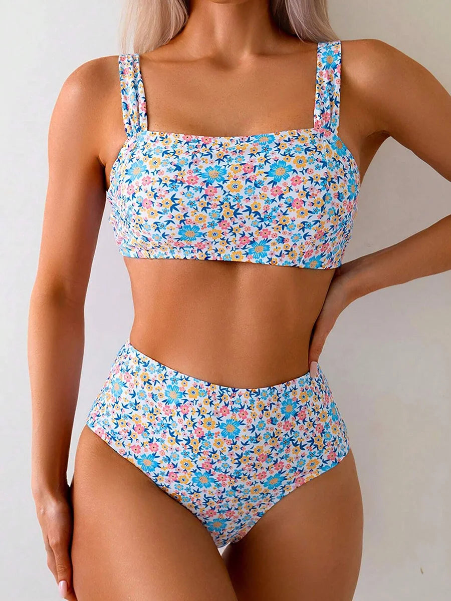 FLORAL PRINT HIGH WAISTED TWO PIECE BEACHWEAR