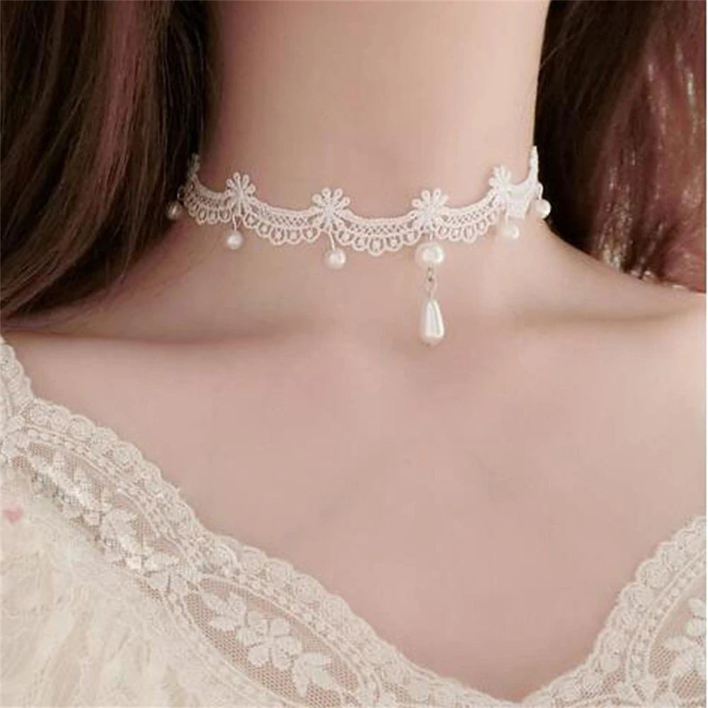 White Lace Pearl Collar Necklace For Women Girl Elegant Sweet Lace Choker Necklace Kpop Neck Jewelry Accessories Gift