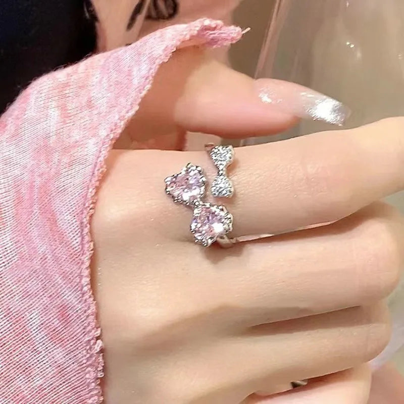 Korean Fashion Exquisite Purple Zircon Heart Star Ring Y2K Girls Pink Crystal Bow Knot Ring Women Party Dating Jewelry Gifts