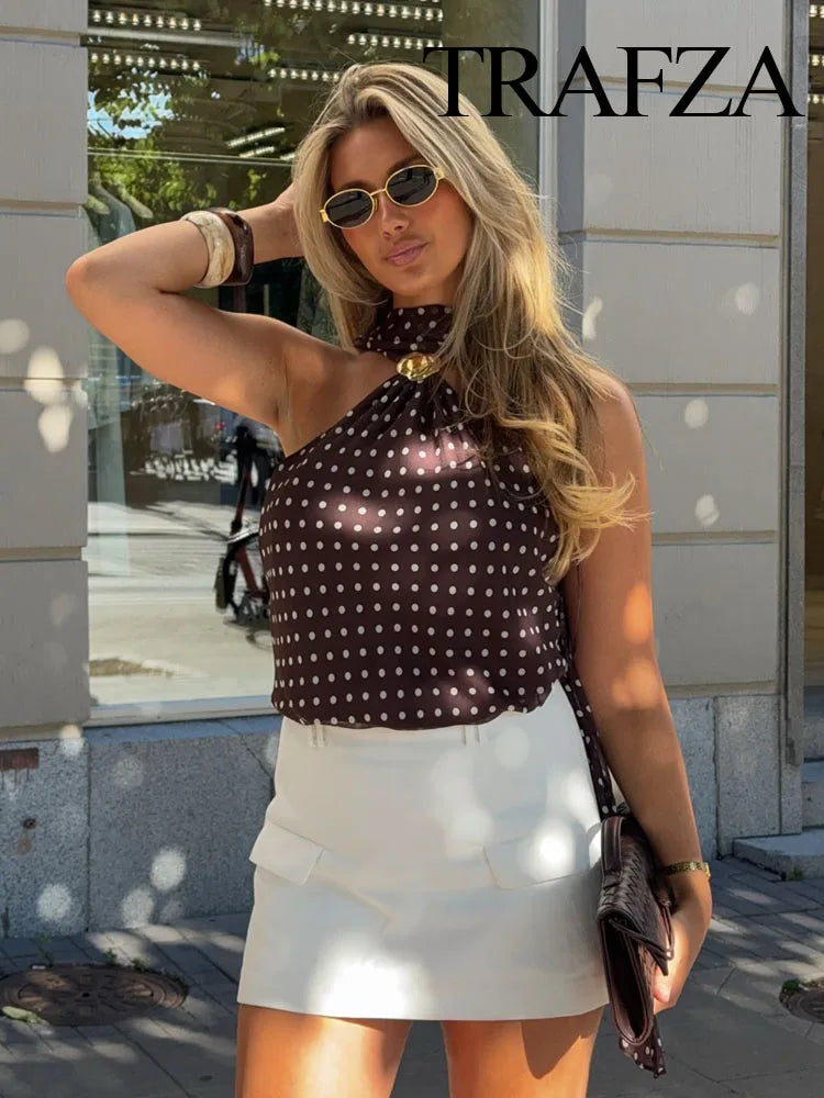 DOT PRINTED SCARF METAL BUCKLE BACKLESS BOTTOM