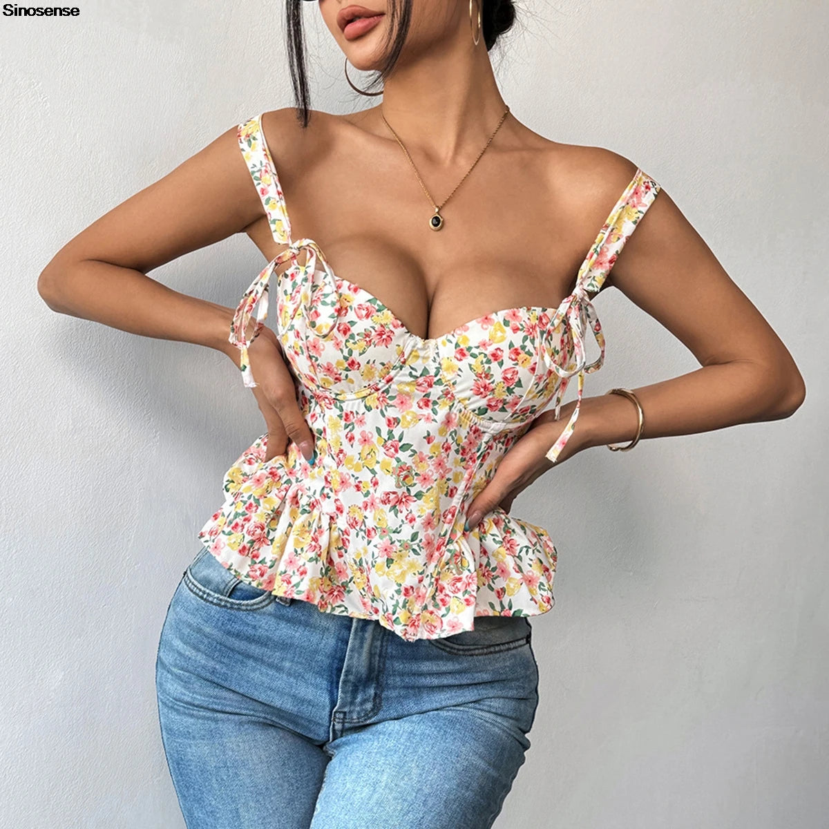 FLORAL PRINT LACE UP TANK TOP