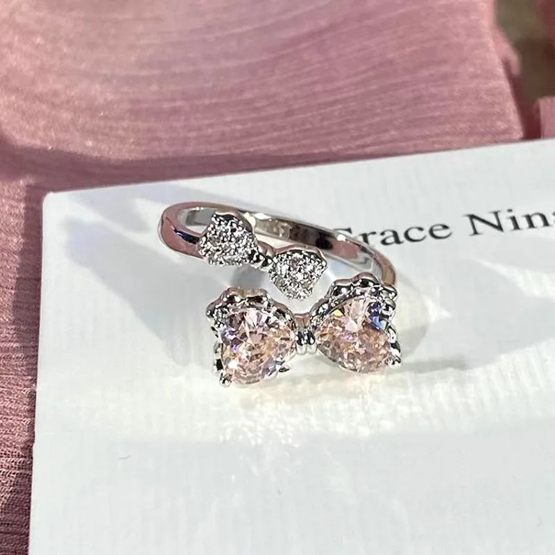 Korean Fashion Exquisite Purple Zircon Heart Star Ring Y2K Girls Pink Crystal Bow Knot Ring Women Party Dating Jewelry Gifts