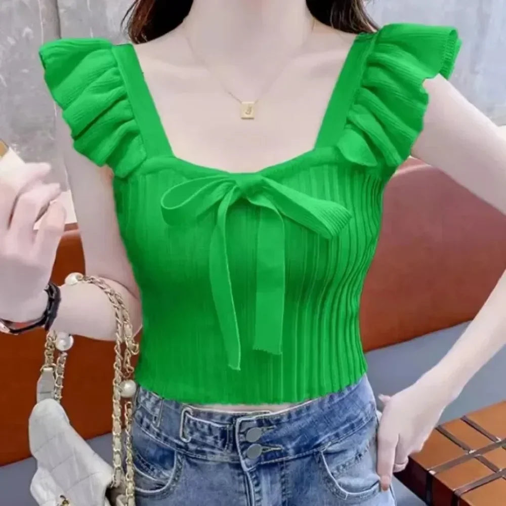ELASTIC WAIST RUFFLE KNITED TANK TOP