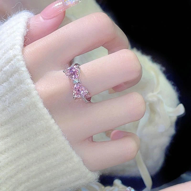 Fashion Romantic Sweet Zircon Crystal Bow Knot Rings Y2K Girls Women Delicate Lovely Blue Pink Heart Ring Party Dating Jewelry