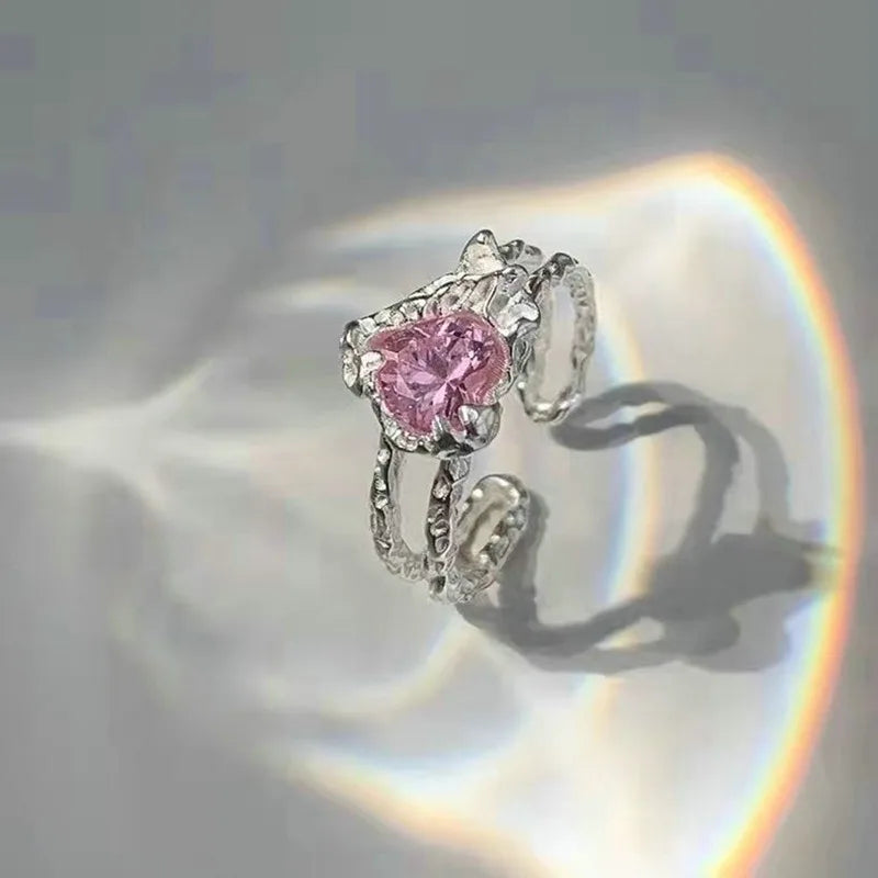 Korean Fashion Exquisite Purple Zircon Heart Star Ring Y2K Girls Pink Crystal Bow Knot Ring Women Party Dating Jewelry Gifts