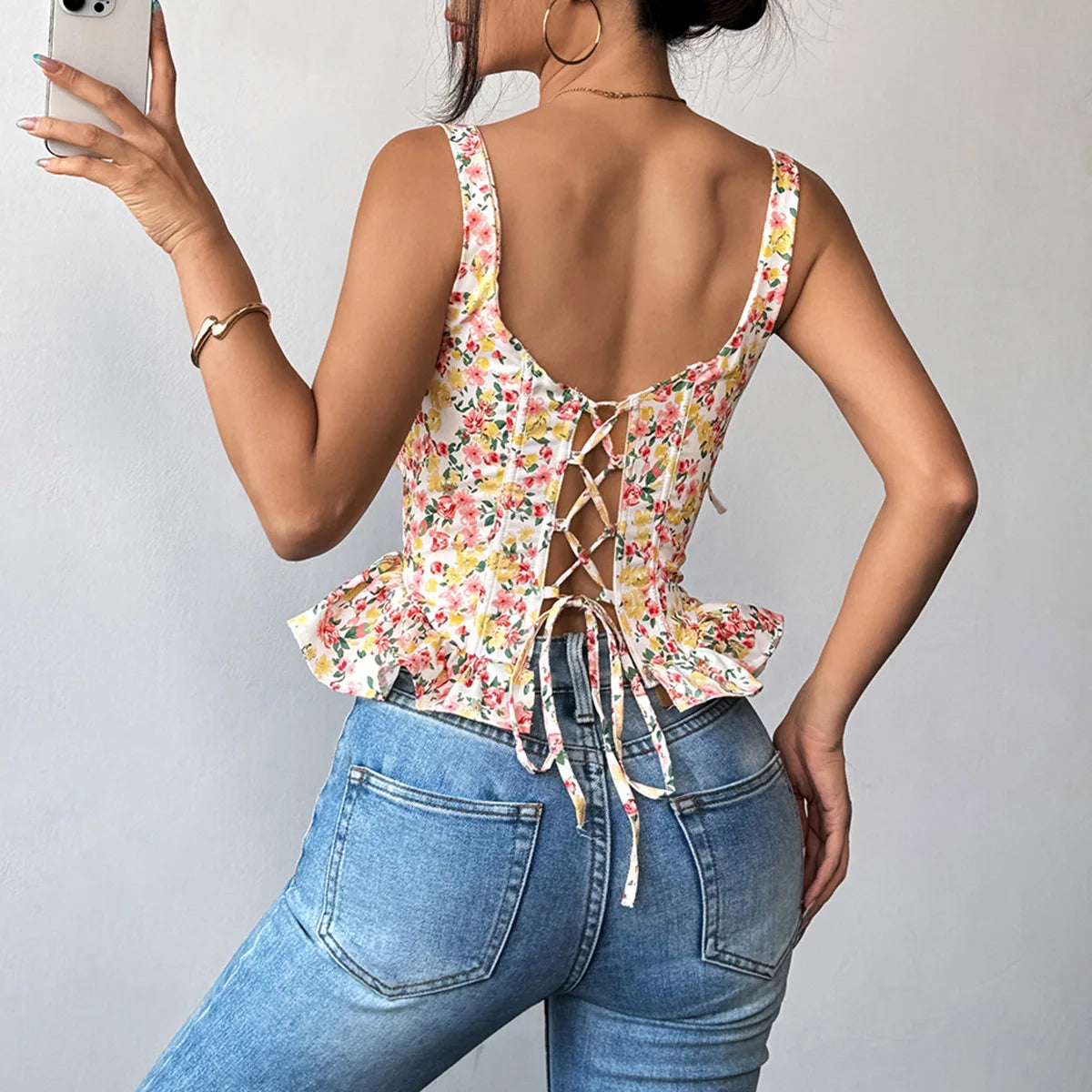 FLORAL PRINT LACE UP TANK TOP