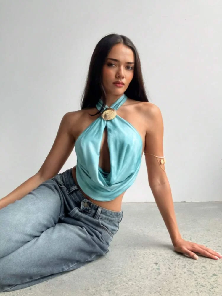 BLUE HALTER VESTIDOS CHIC SHELL FANSCY TOP