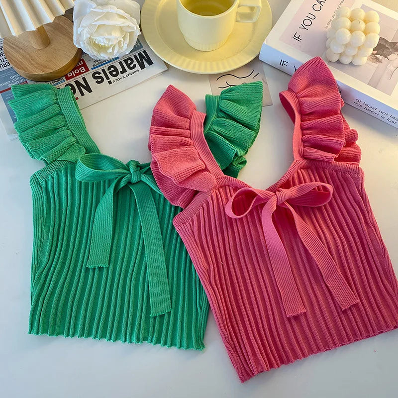 ELASTIC WAIST RUFFLE KNITED TANK TOP