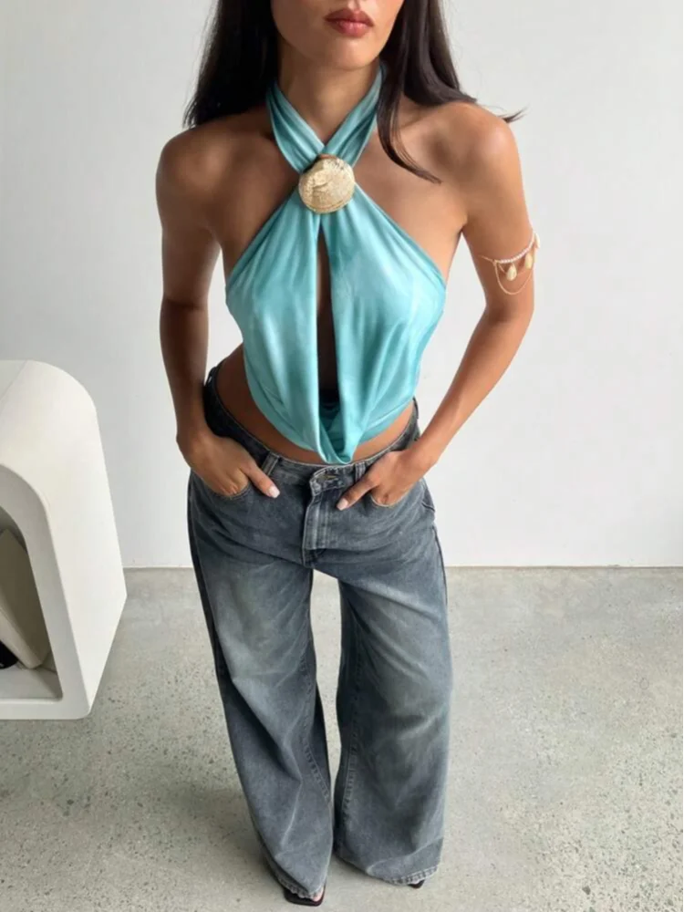 BLUE HALTER VESTIDOS CHIC SHELL FANSCY TOP