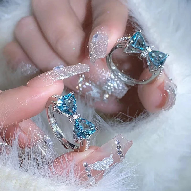 Fashion Romantic Sweet Zircon Crystal Bow Knot Rings Y2K Girls Women Delicate Lovely Blue Pink Heart Ring Party Dating Jewelry