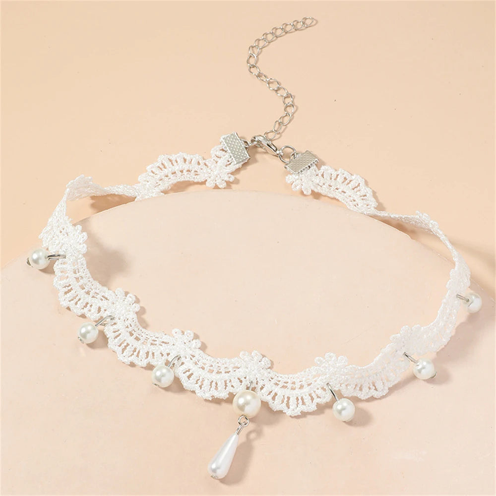 White Lace Pearl Collar Necklace For Women Girl Elegant Sweet Lace Choker Necklace Kpop Neck Jewelry Accessories Gift