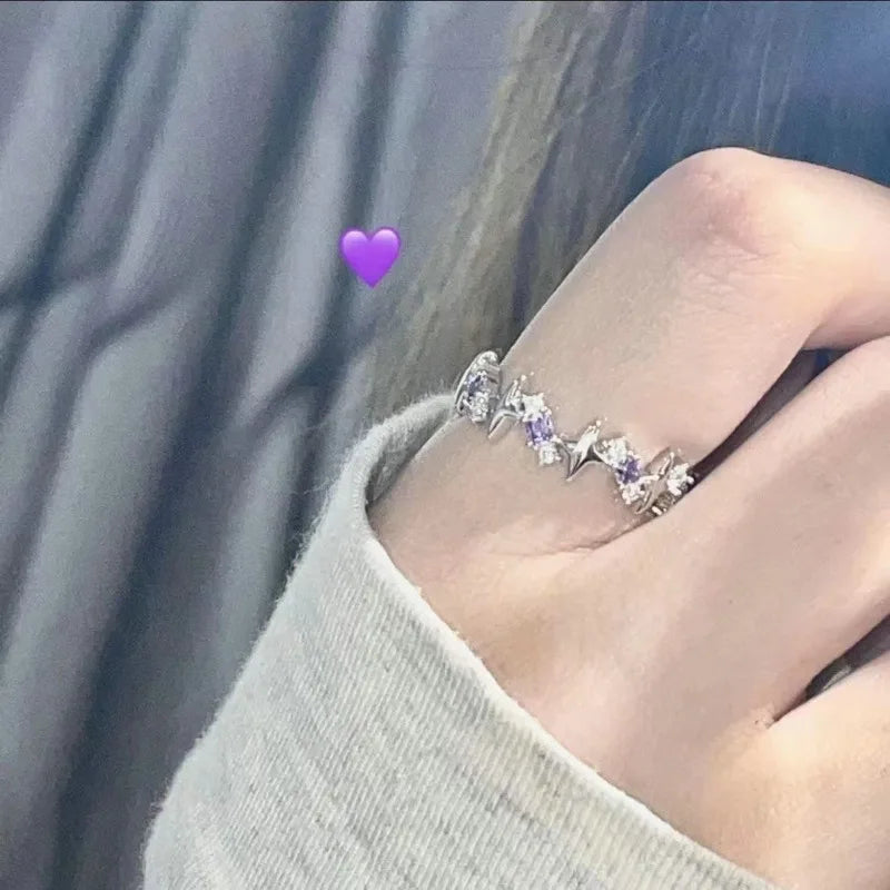 Korean Fashion Exquisite Purple Zircon Heart Star Ring Y2K Girls Pink Crystal Bow Knot Ring Women Party Dating Jewelry Gifts