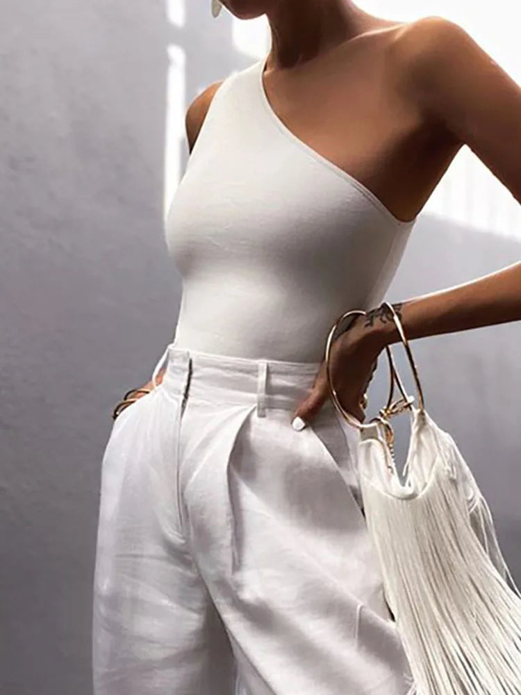 ONE SHOULDER ELASTIC FITNESS TANK TOP