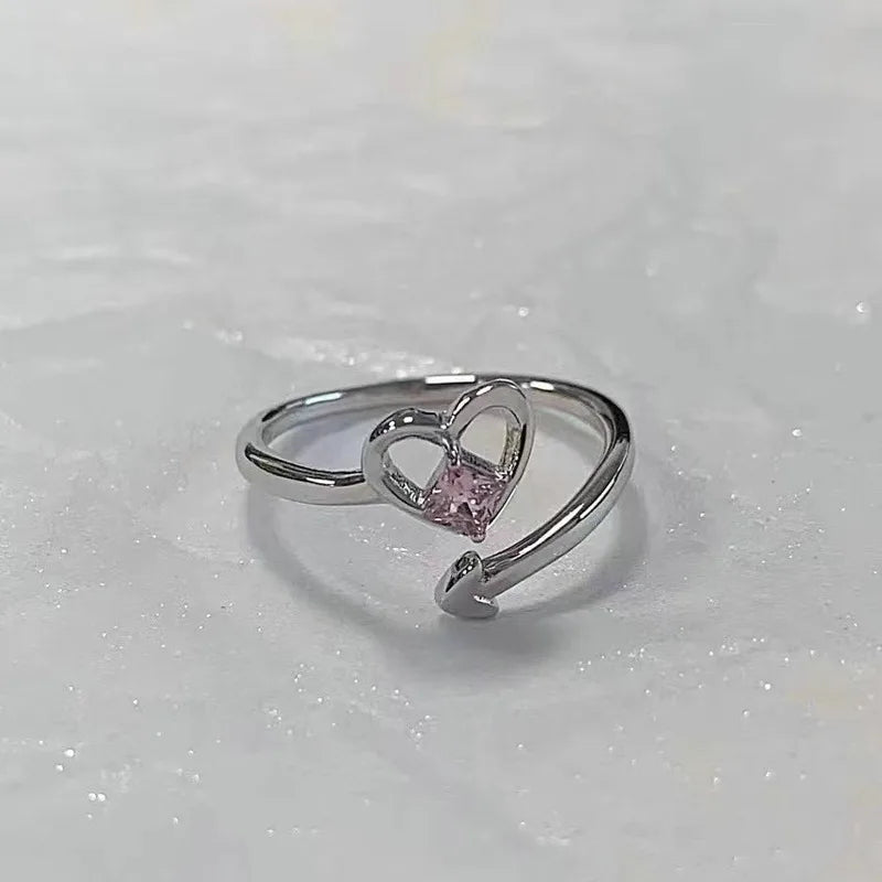 Fashion Romantic Sweet Zircon Crystal Bow Knot Rings Y2K Girls Women Delicate Lovely Blue Pink Heart Ring Party Dating Jewelry