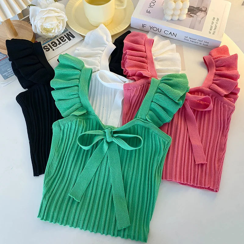 ELASTIC WAIST RUFFLE KNITED TANK TOP