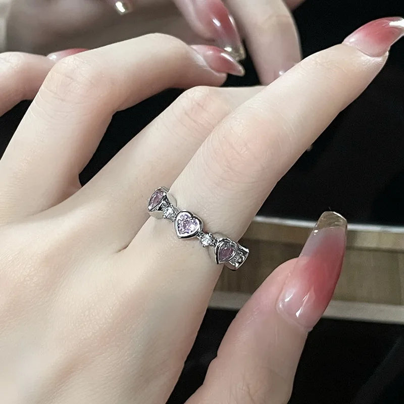Fashion Romantic Sweet Zircon Crystal Bow Knot Rings Y2K Girls Women Delicate Lovely Blue Pink Heart Ring Party Dating Jewelry