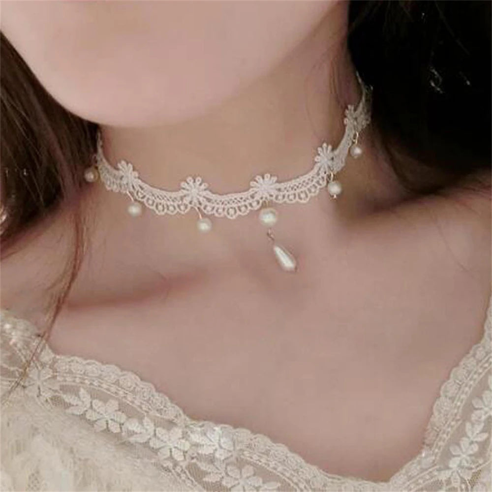 White Lace Pearl Collar Necklace For Women Girl Elegant Sweet Lace Choker Necklace Kpop Neck Jewelry Accessories Gift