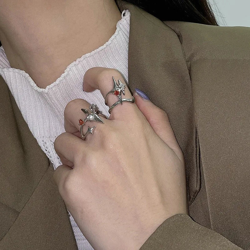 Korean Fashion Exquisite Purple Zircon Heart Star Ring Y2K Girls Pink Crystal Bow Knot Ring Women Party Dating Jewelry Gifts