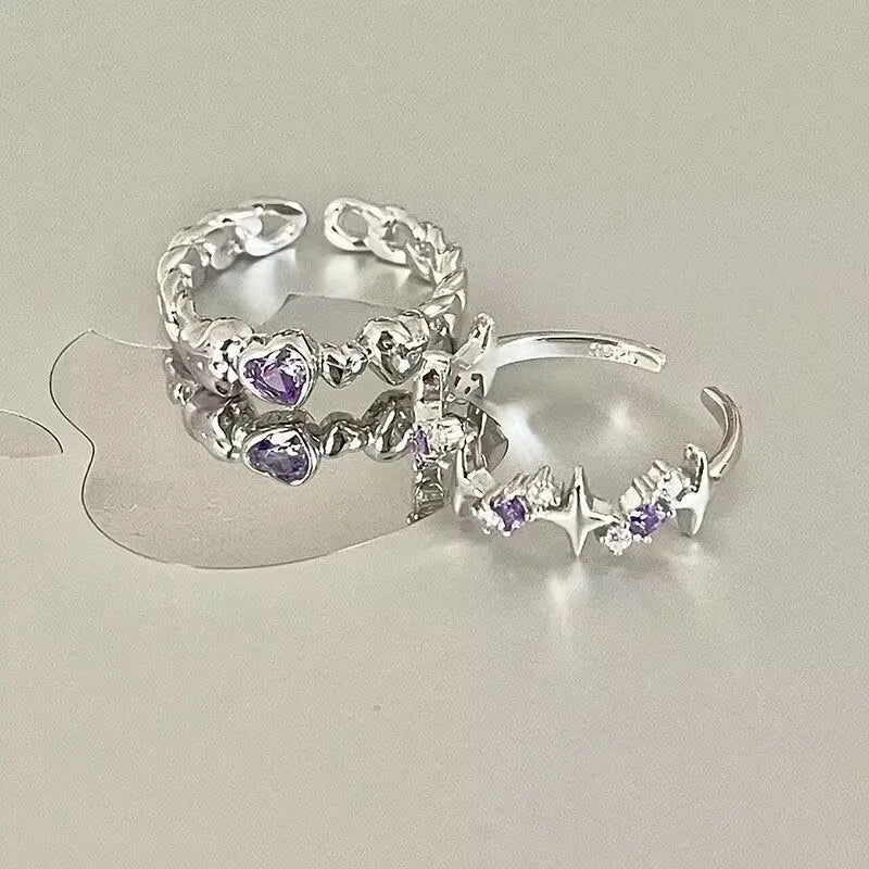 Korean Fashion Exquisite Purple Zircon Heart Star Ring Y2K Girls Pink Crystal Bow Knot Ring Women Party Dating Jewelry Gifts