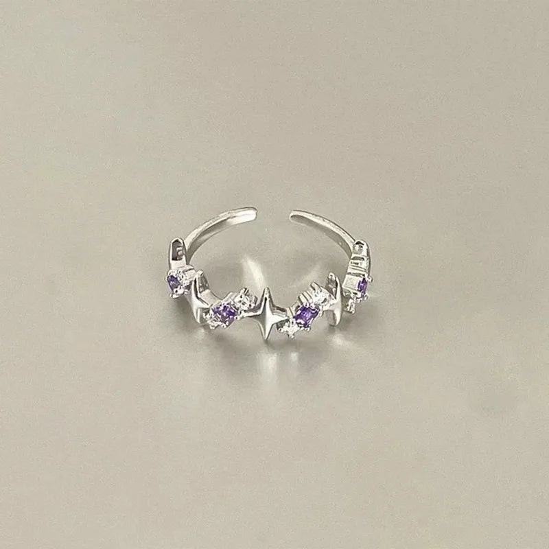 Korean Fashion Exquisite Purple Zircon Heart Star Ring Y2K Girls Pink Crystal Bow Knot Ring Women Party Dating Jewelry Gifts