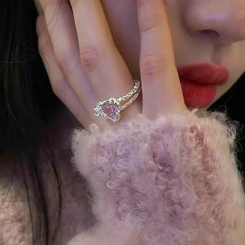 Korean Fashion Exquisite Purple Zircon Heart Star Ring Y2K Girls Pink Crystal Bow Knot Ring Women Party Dating Jewelry Gifts