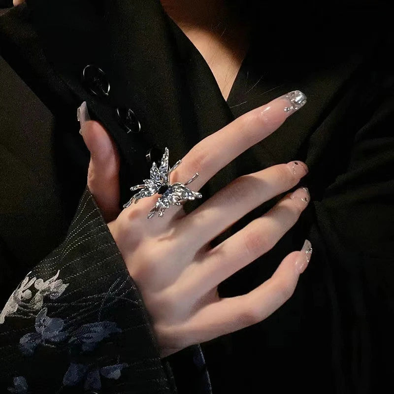 Fashion Romantic Sweet Zircon Crystal Bow Knot Rings Y2K Girls Women Delicate Lovely Blue Pink Heart Ring Party Dating Jewelry