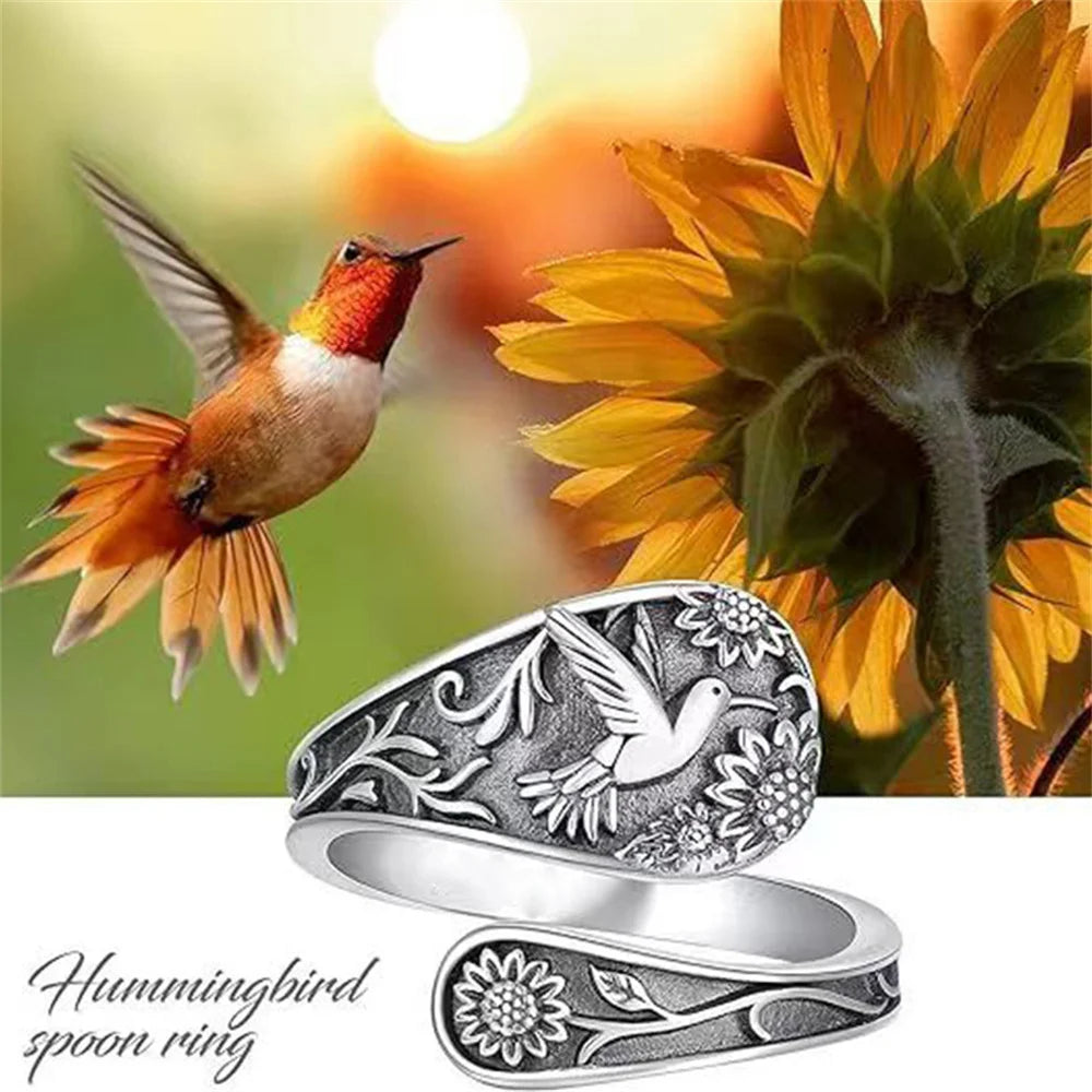 Hummingbird Sunflower Pattern Ring Bird Open Ring for Women Men Sterling Silver Adjustable Rings Party Wedding Jewelry Gifts