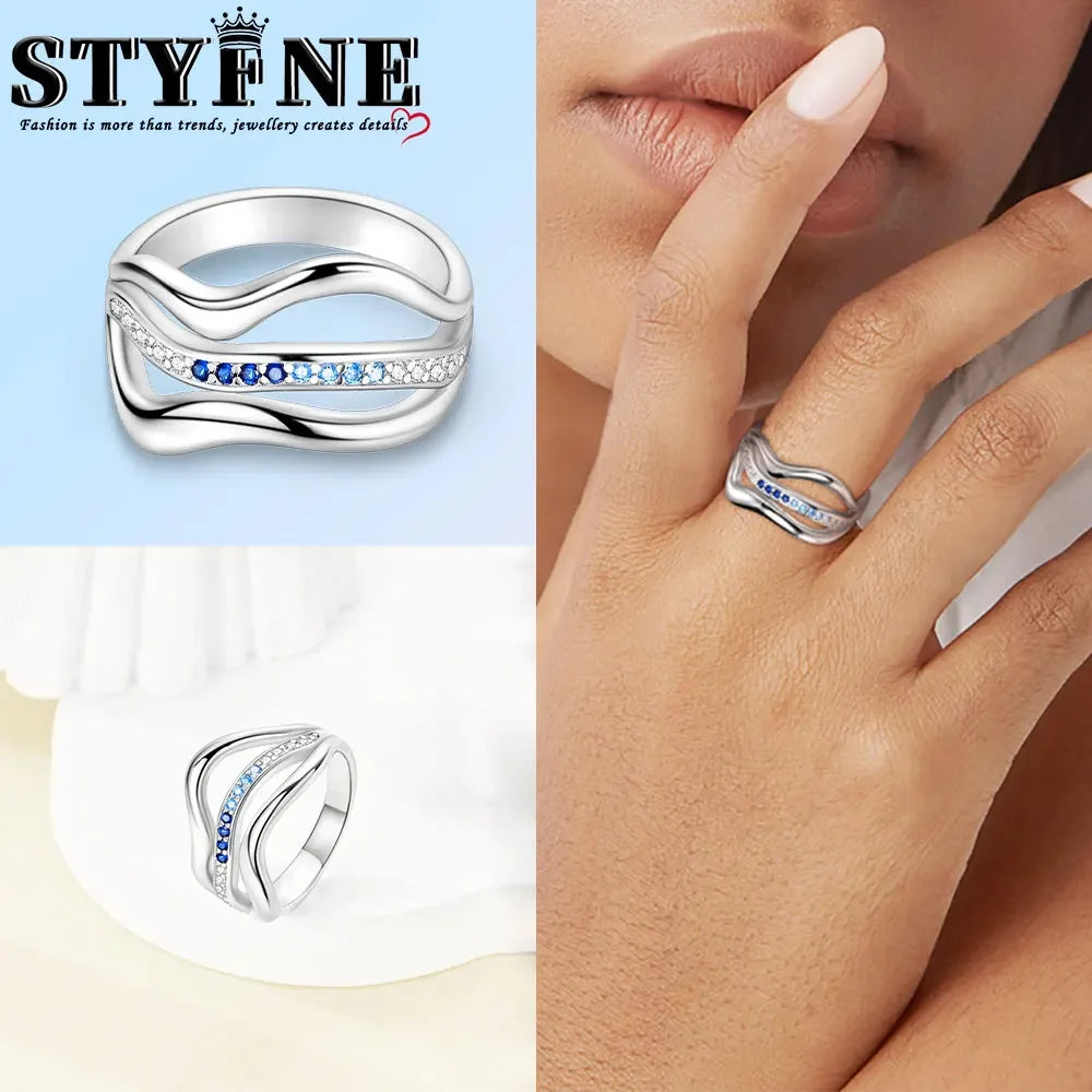 Sterling Silver 925 Star Moon Sun Liquid Galaxy Heart Ring Geometric Lines Ring for Women's High-end Fine Jewelry Wedding Gift