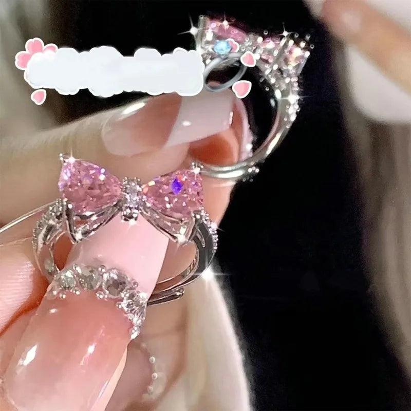 Fashion Romantic Sweet Zircon Crystal Bow Knot Rings Y2K Girls Women Delicate Lovely Blue Pink Heart Ring Party Dating Jewelry