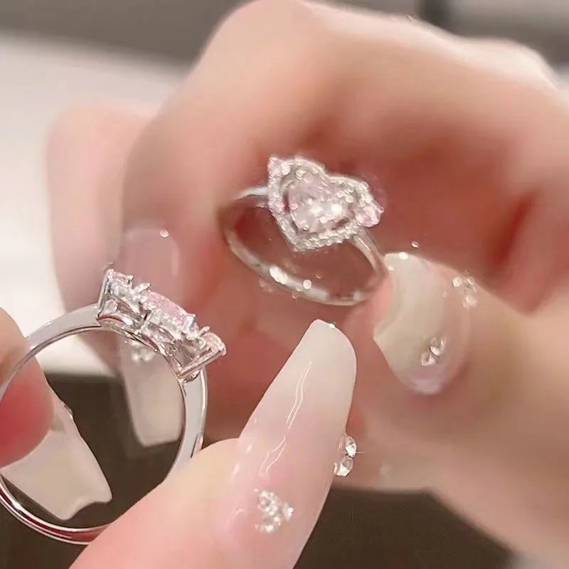 Korean Fashion Exquisite Purple Zircon Heart Star Ring Y2K Girls Pink Crystal Bow Knot Ring Women Party Dating Jewelry Gifts