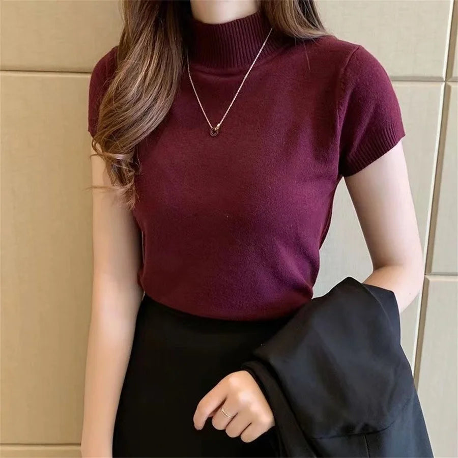 TURTLE NECK KNITED SHORT SLEEVE TOP