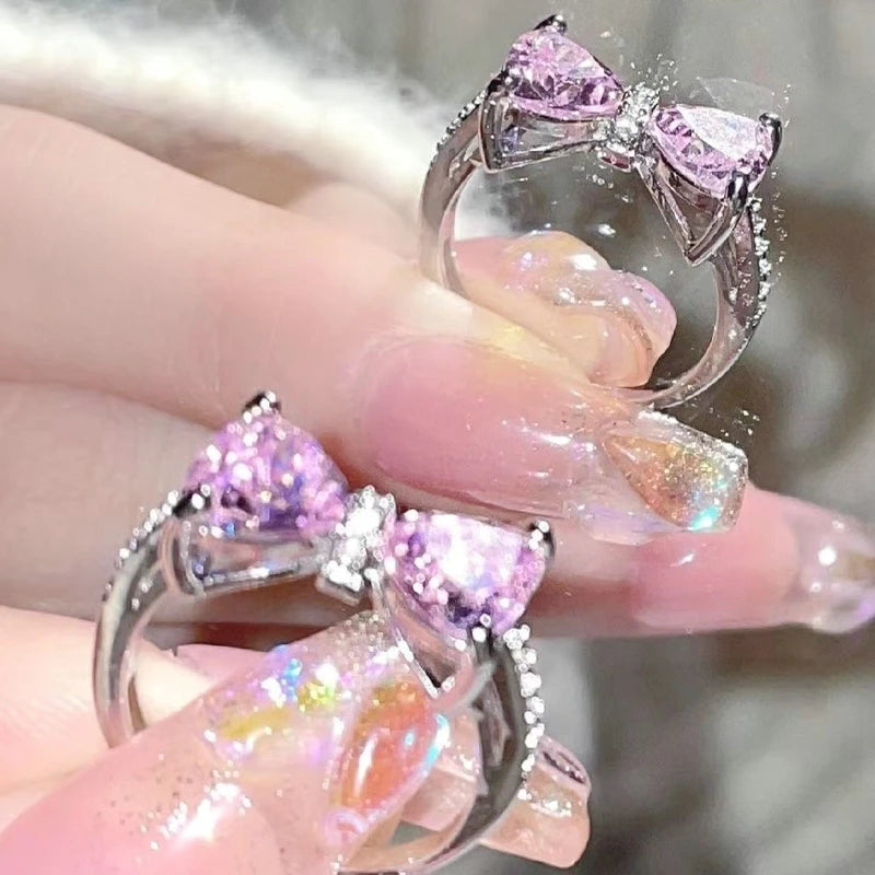 Korean Fashion Exquisite Purple Zircon Heart Star Ring Y2K Girls Pink Crystal Bow Knot Ring Women Party Dating Jewelry Gifts
