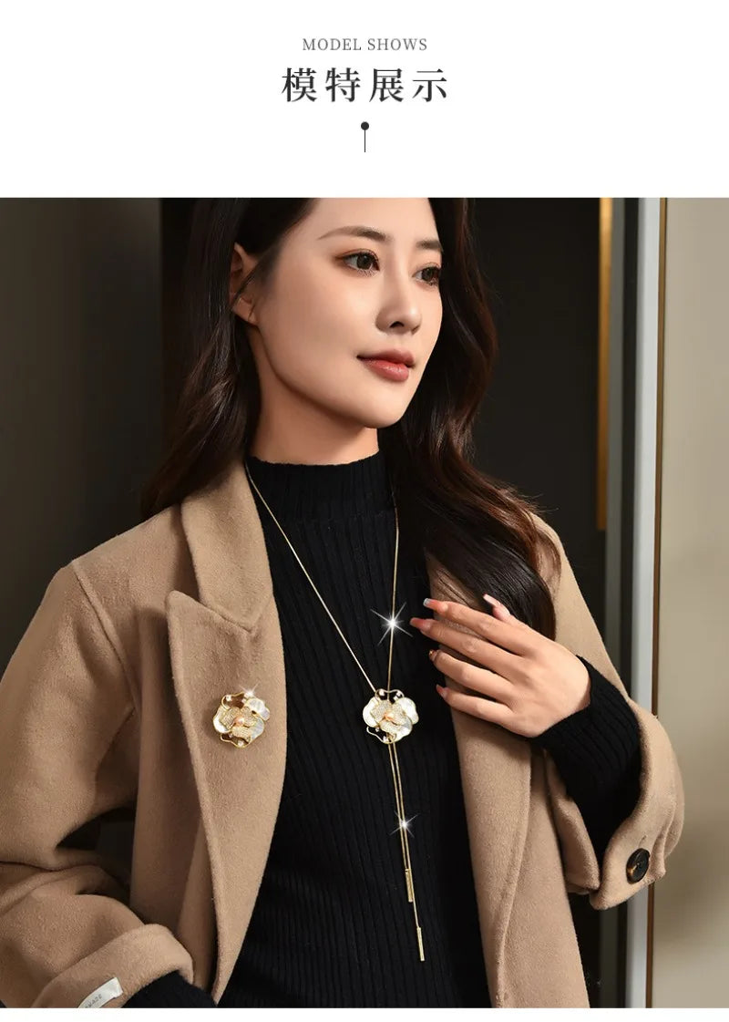 Women with long necklaces and camellias and roses, sweater chains and brooches, fashionable clothing necklaces, retro necklaces