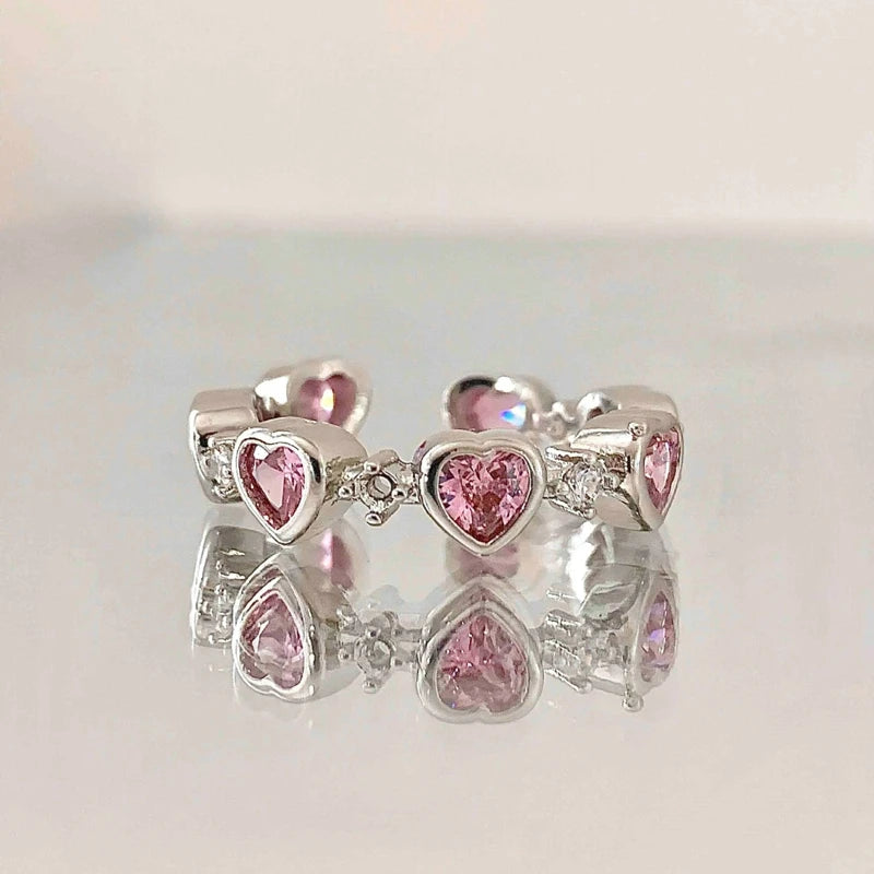 Korean Fashion Exquisite Purple Zircon Heart Star Ring Y2K Girls Pink Crystal Bow Knot Ring Women Party Dating Jewelry Gifts
