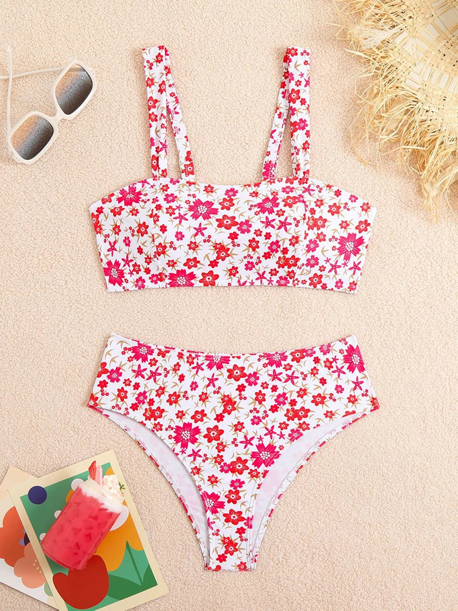 FLORAL PRINT HIGH WAISTED TWO PIECE BEACHWEAR