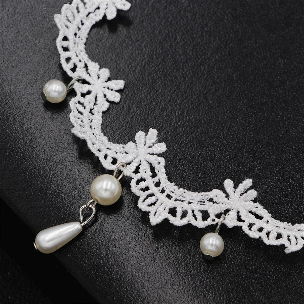 White Lace Pearl Collar Necklace For Women Girl Elegant Sweet Lace Choker Necklace Kpop Neck Jewelry Accessories Gift