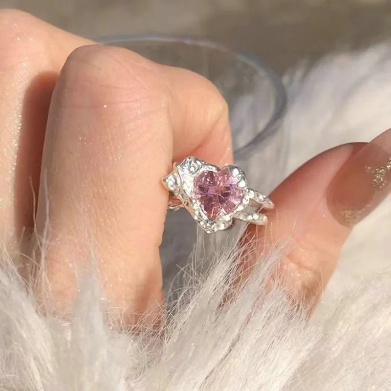 Fashion Romantic Sweet Zircon Crystal Bow Knot Rings Y2K Girls Women Delicate Lovely Blue Pink Heart Ring Party Dating Jewelry