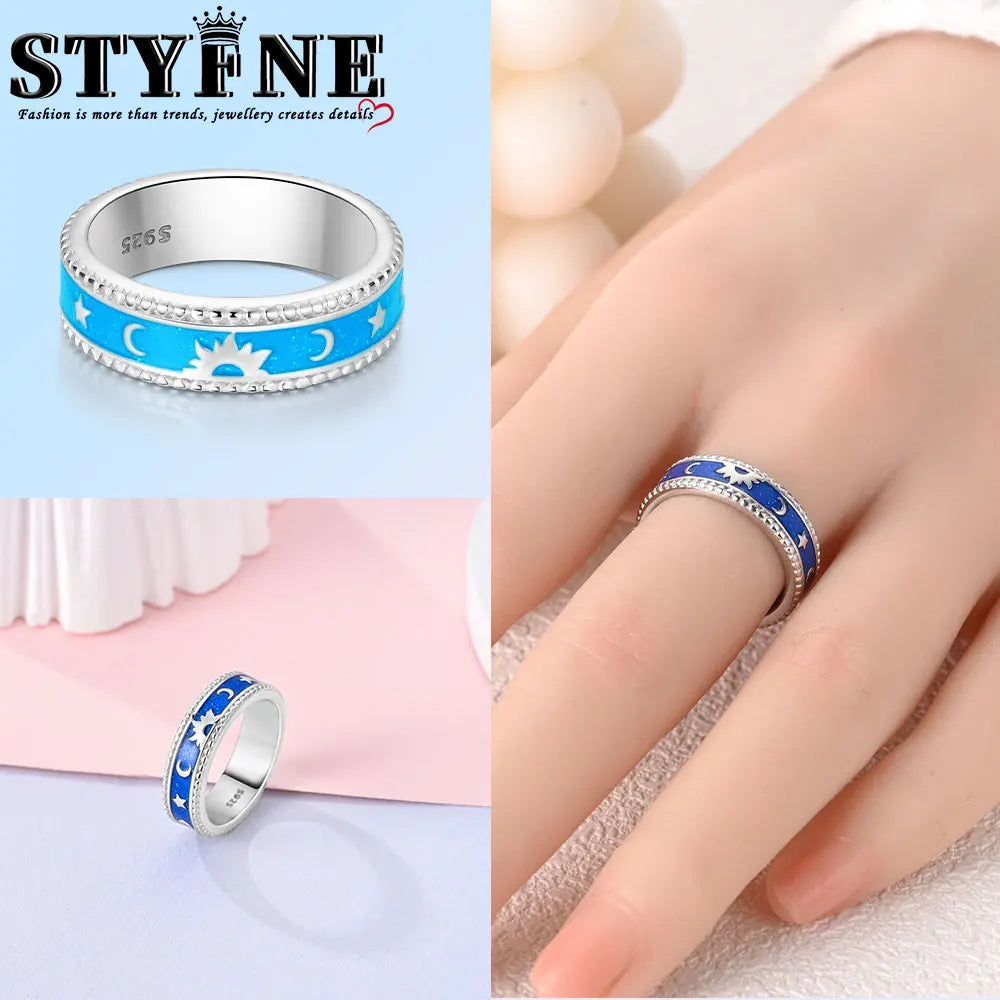 Sterling Silver 925 Star Moon Sun Liquid Galaxy Heart Ring Geometric Lines Ring for Women's High-end Fine Jewelry Wedding Gift
