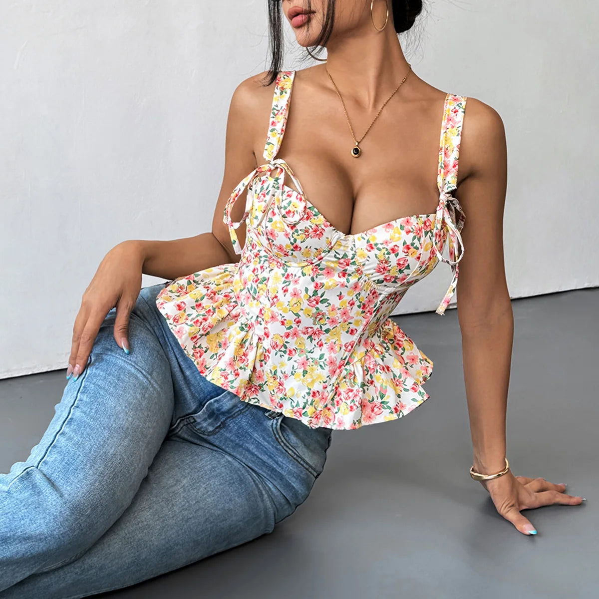 FLORAL PRINT LACE UP TANK TOP
