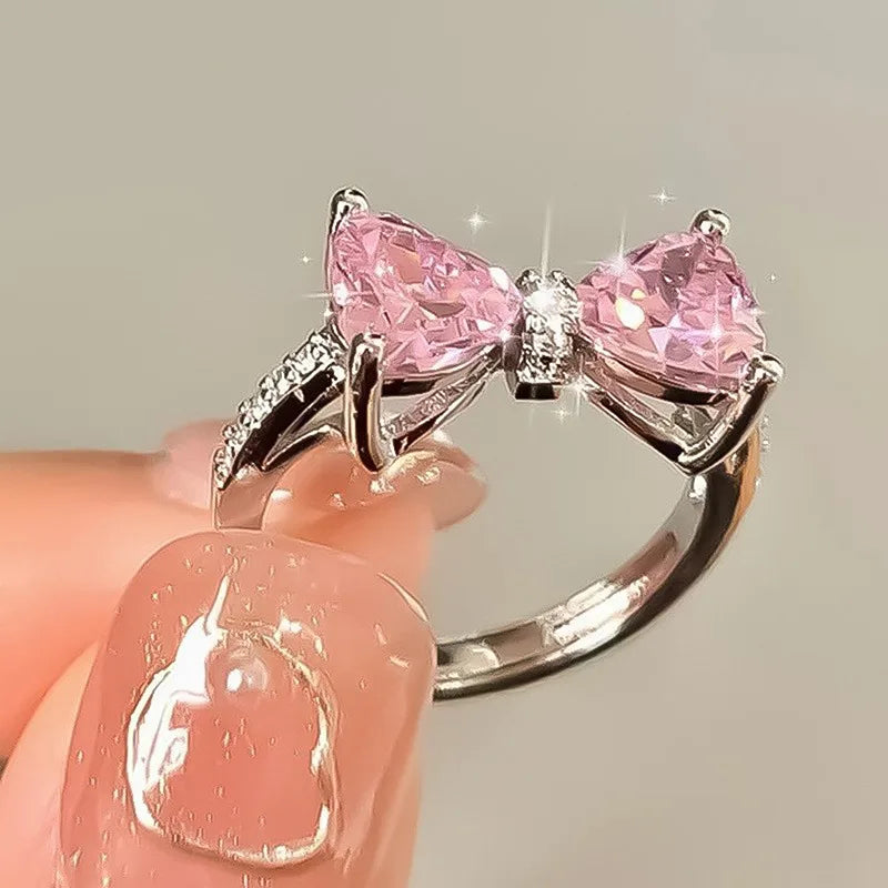 Fashion Romantic Sweet Zircon Crystal Bow Knot Rings Y2K Girls Women Delicate Lovely Blue Pink Heart Ring Party Dating Jewelry