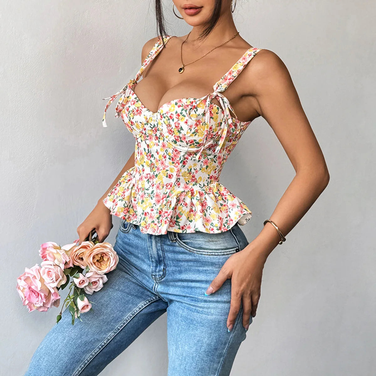FLORAL PRINT LACE UP TANK TOP