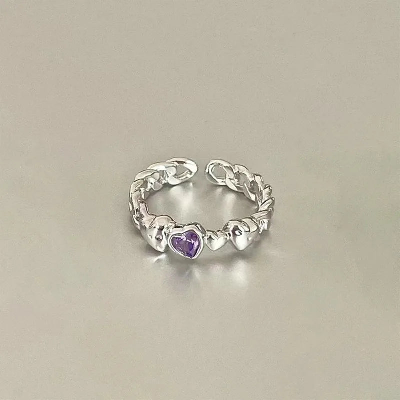 Korean Fashion Exquisite Purple Zircon Heart Star Ring Y2K Girls Pink Crystal Bow Knot Ring Women Party Dating Jewelry Gifts