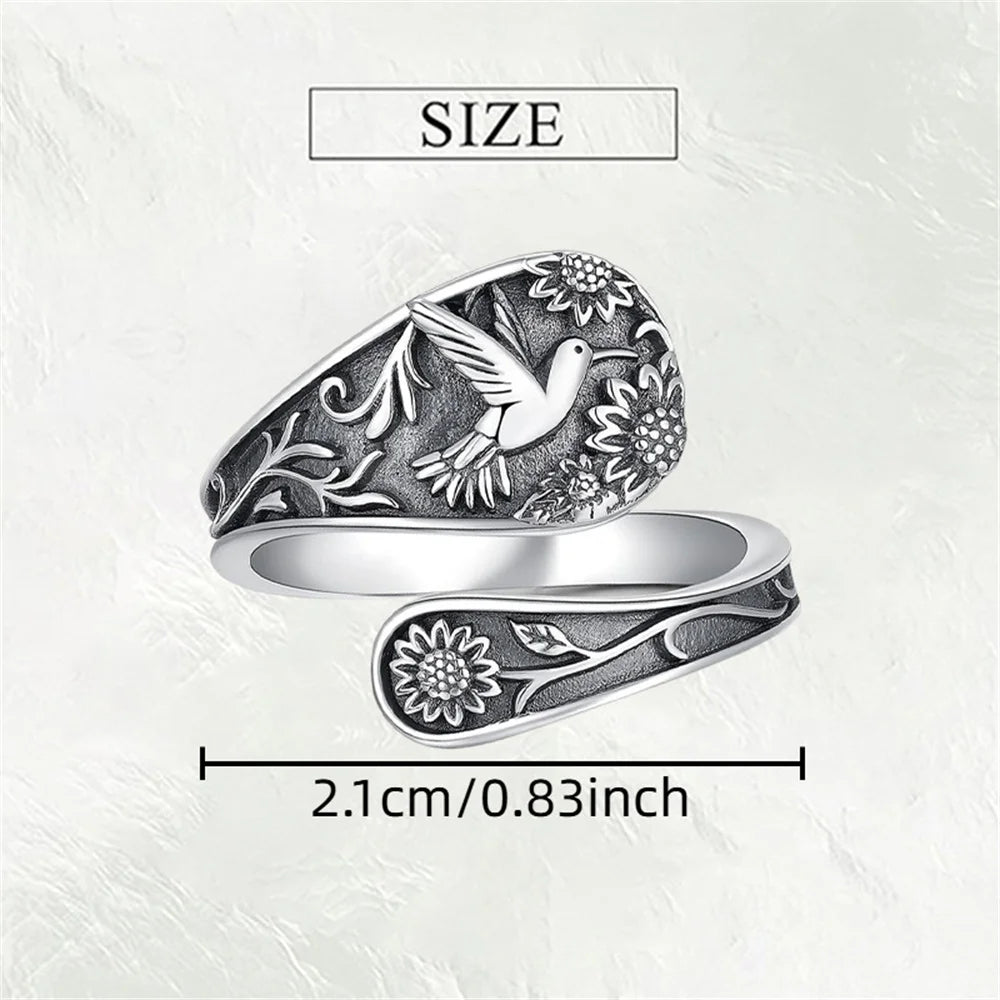 Hummingbird Sunflower Pattern Ring Bird Open Ring for Women Men Sterling Silver Adjustable Rings Party Wedding Jewelry Gifts