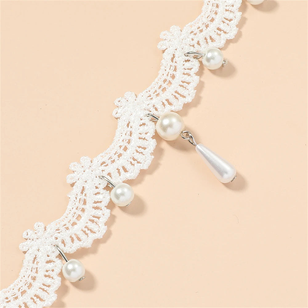 White Lace Pearl Collar Necklace For Women Girl Elegant Sweet Lace Choker Necklace Kpop Neck Jewelry Accessories Gift